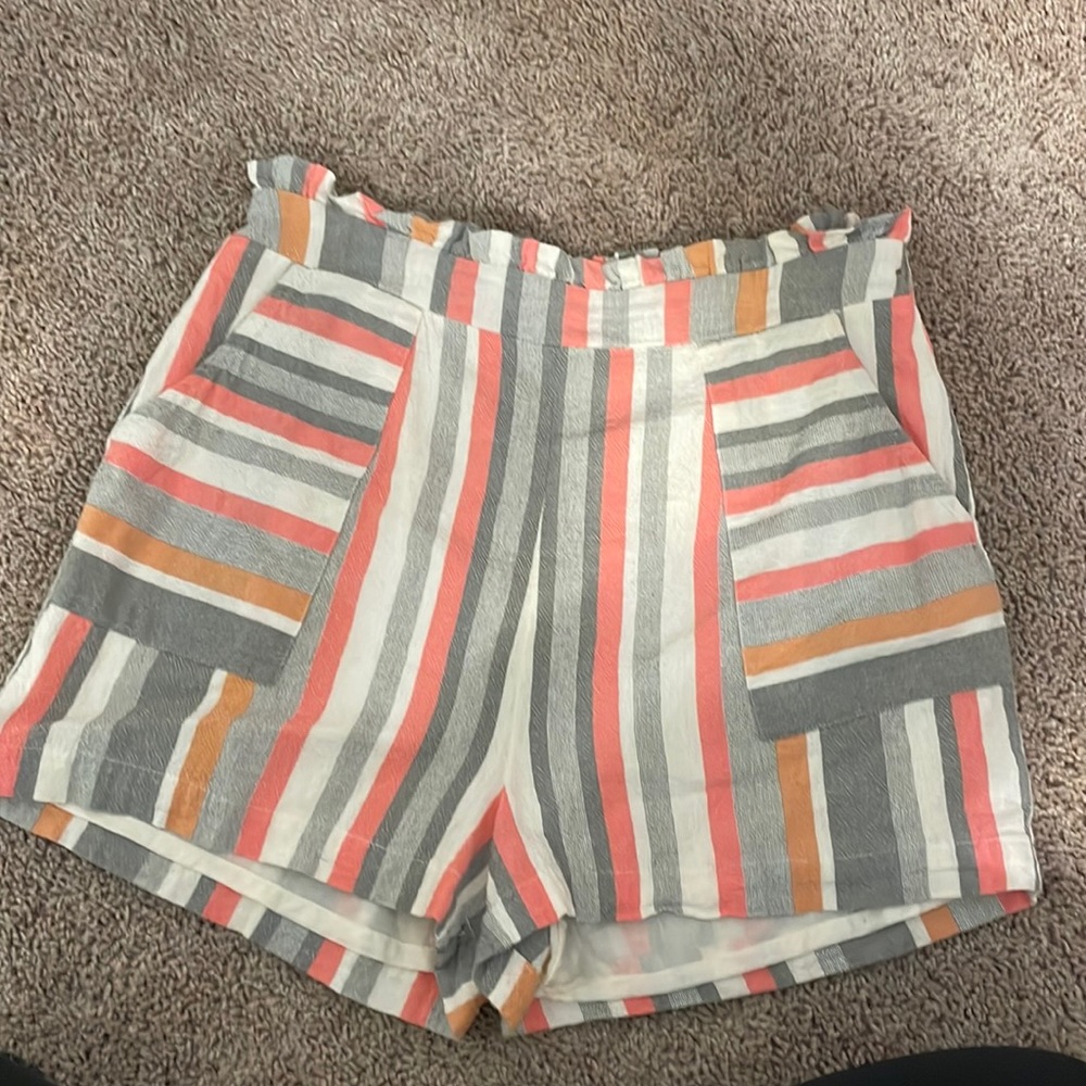Coral and grey stripped shorts with elastic waist